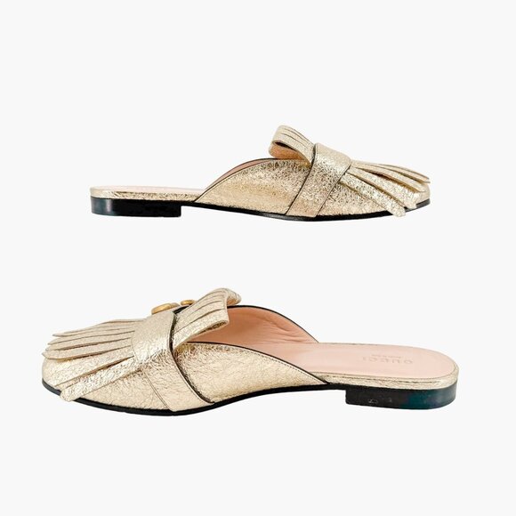 Gucci Marmont GG Fringe Flat Mule EU 38.5 US 8.5 Metallic Gold Kiltie Slip On - Picture 9 of 11